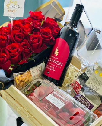 Picture of 20 Roses, Box of Chocolate, Glass of Wine, Strawberries, Biltong